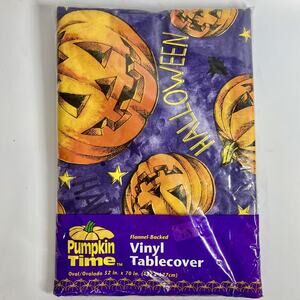 Vintage Vinyl Table Cloth W/ Flannel Back Halloween Jack-o’-lantern Stars NEW
